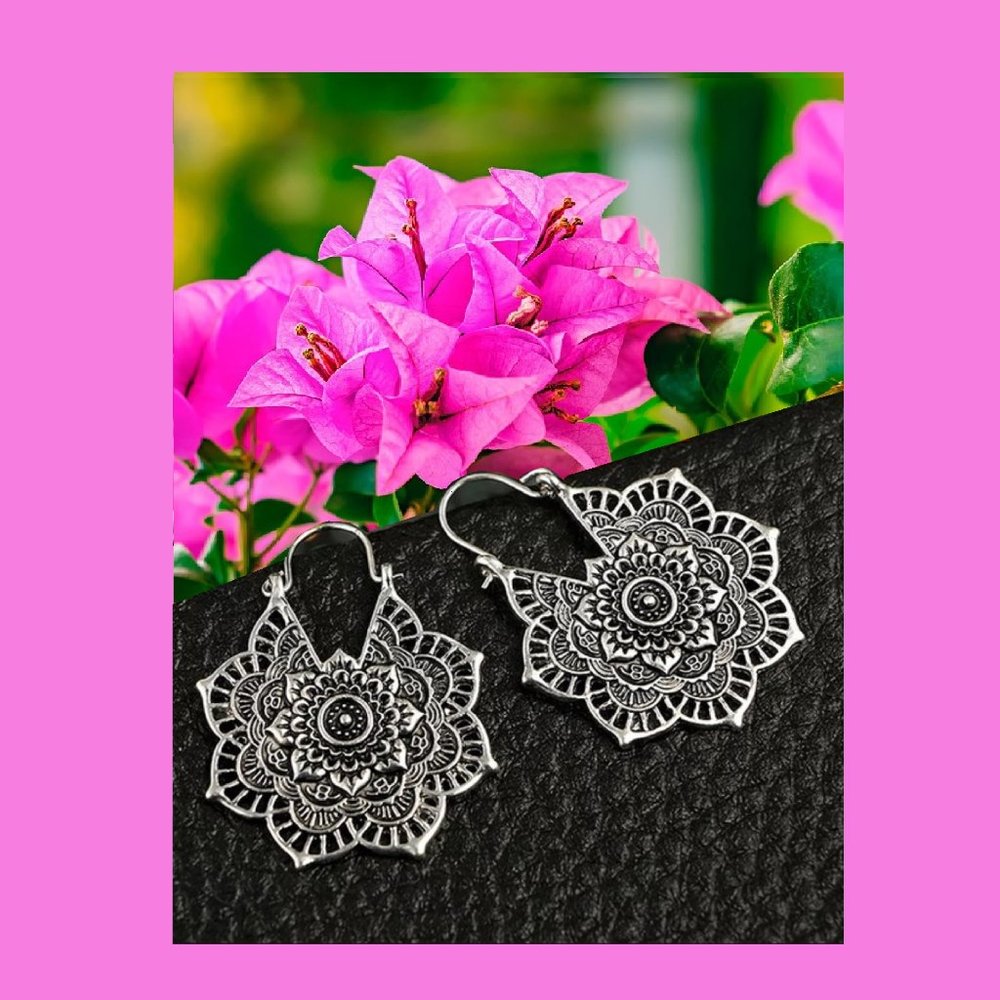brand new Bohemian Lotus Mandala Dangle Earrings in Silvertone color